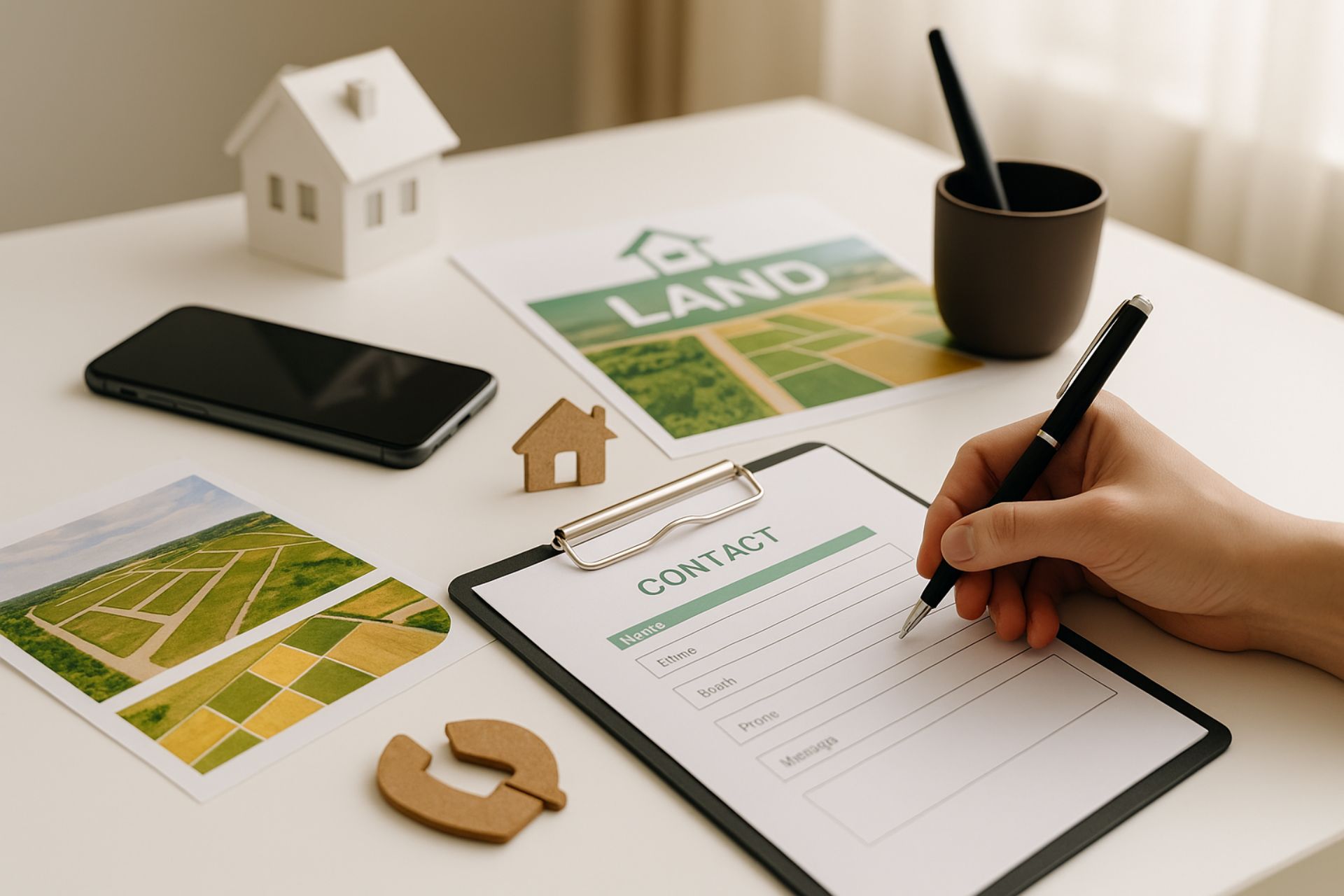 Liên hệ Mua bán nhà đất – Hình ảnh minh họa chuyên nghiệp với biểu tượng liên lạc, bàn làm việc và thiết bị hỗ trợ khách hàng