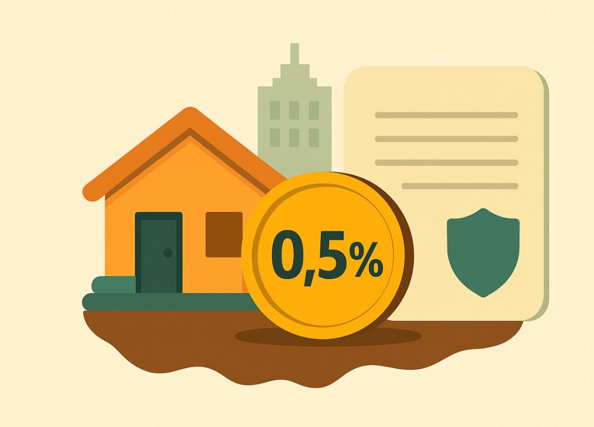 Ảnh minh họa đề xuất thu bổ sung 0,5% tiền sử dụng đất, với biểu tượng ngôi nhà, đồng xu có số 0,5% và tài liệu luật pháp không có chữ, thể hiện bối cảnh tài chính đất đai năm 2025.